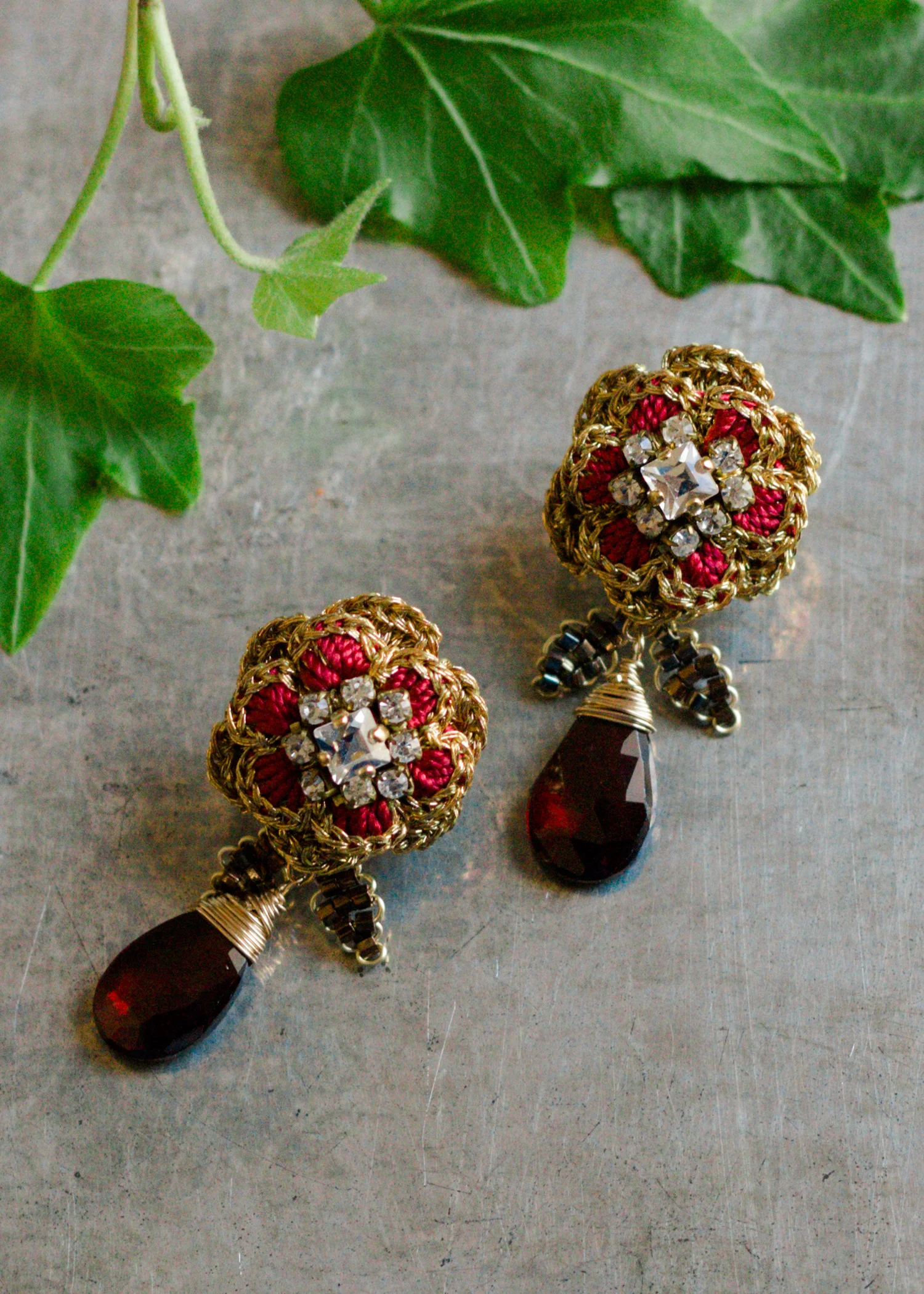 Large Flower Stud with Drop | Garnet, Gold
