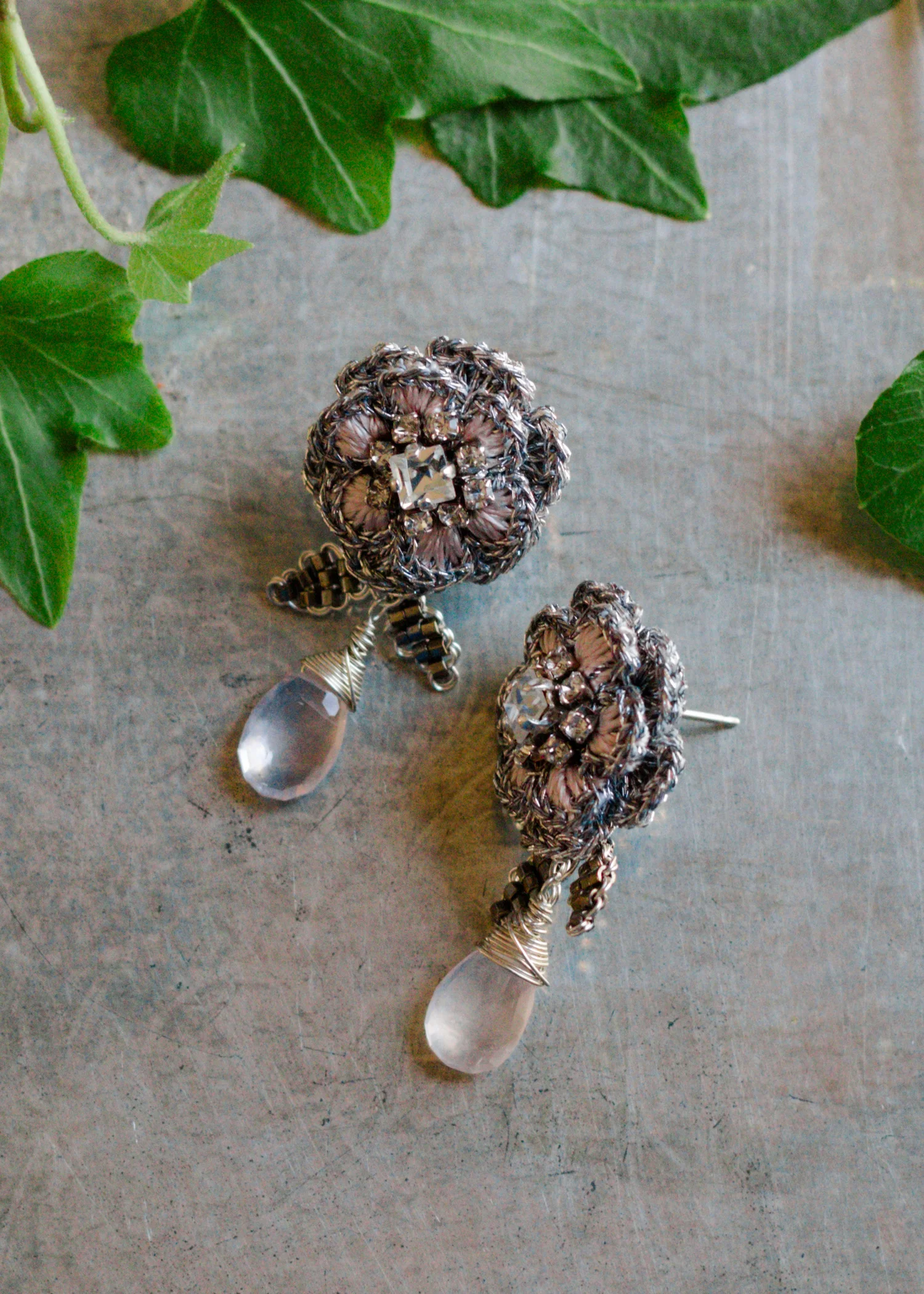 Large Flower Stud with Drop | Rose Quartz, Silver, Pink