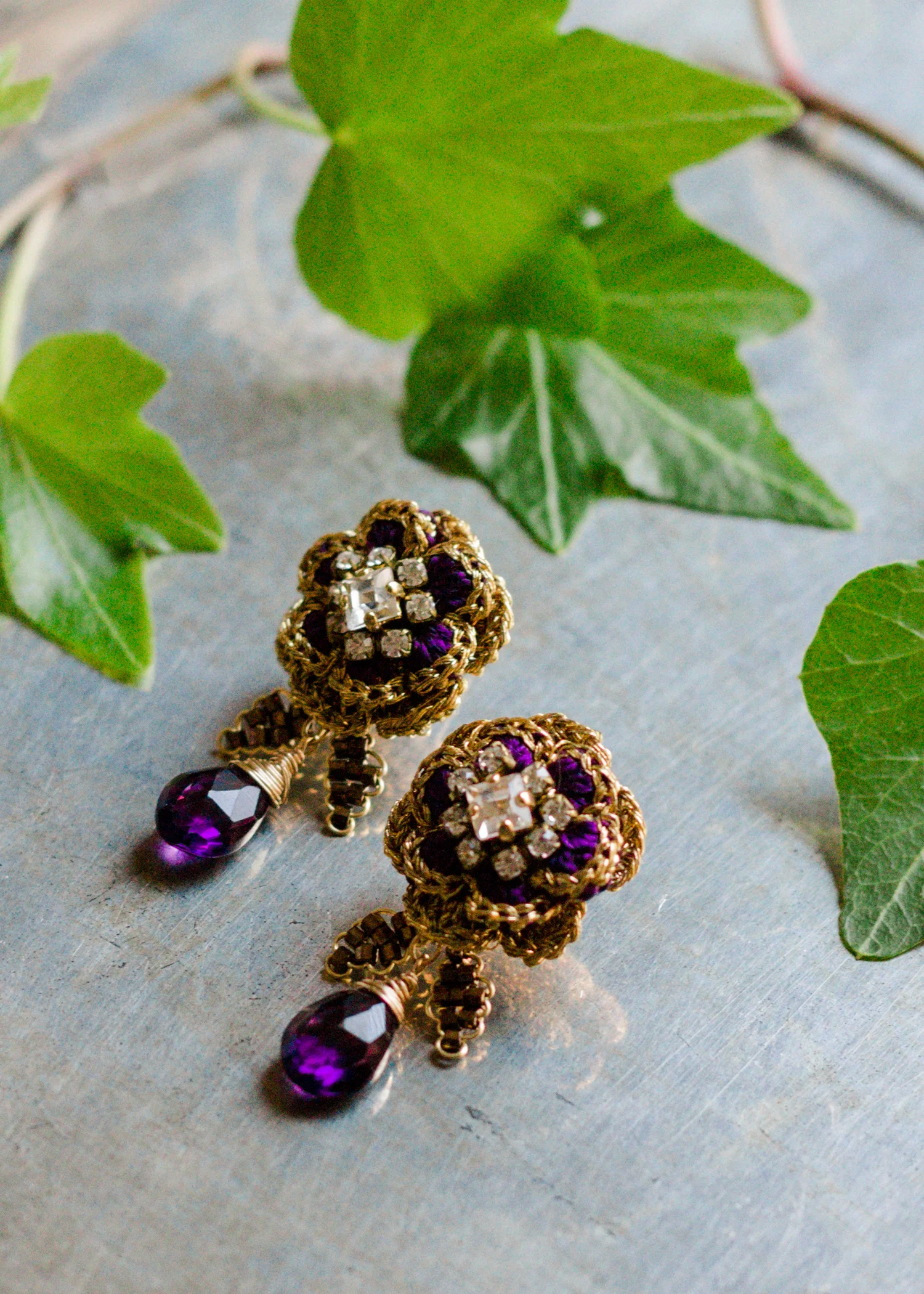 Large Flower Stud with Drop | Amethyst, Gold, Purple