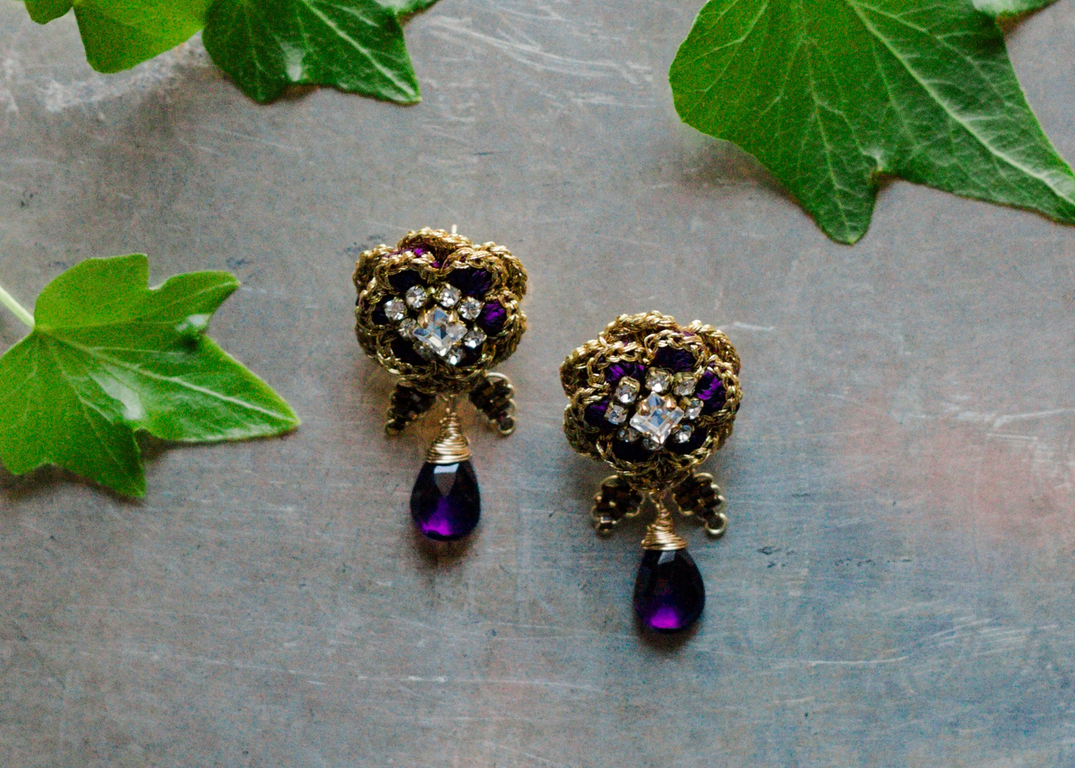 Large Flower Stud with Drop | Amethyst, Gold, Purple