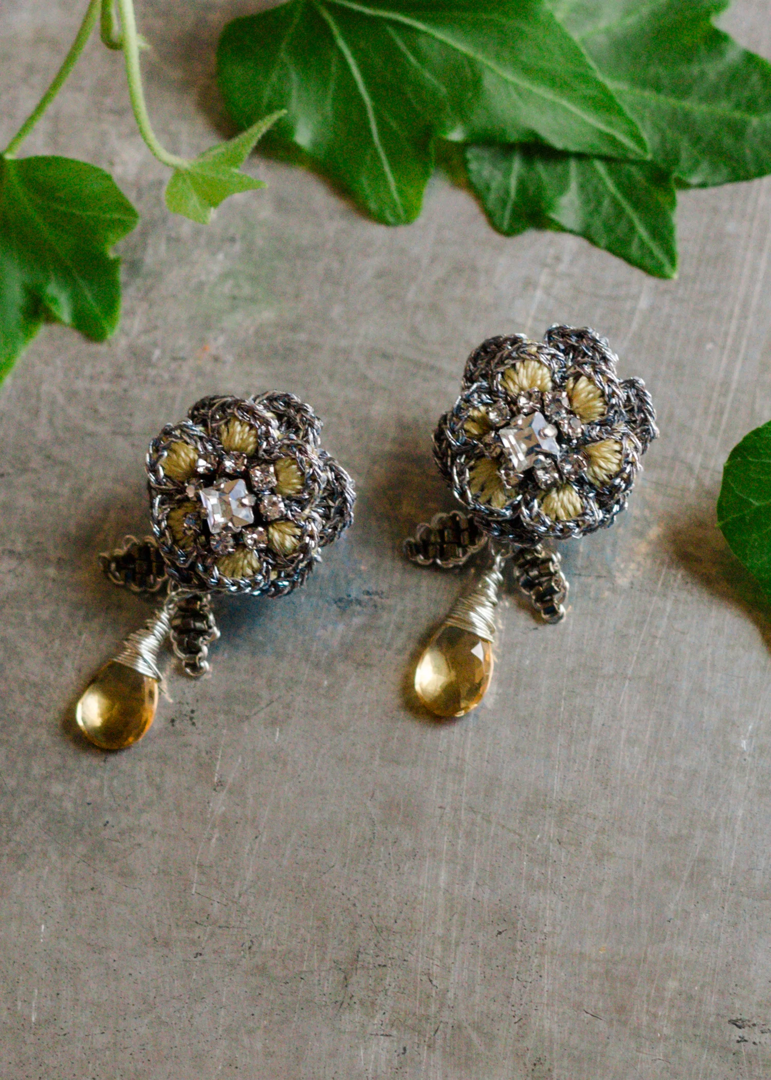 Large Flower Stud with Drop | Citrine, Silver, Yellow