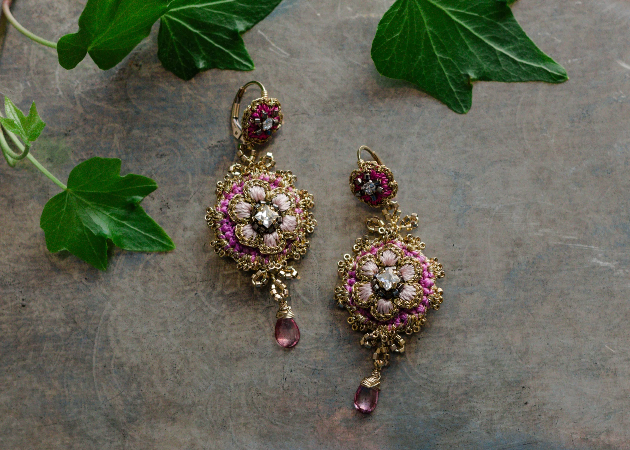 Floral Statement Drop Earrings | Gold, Fuchsia, Pink Topaz