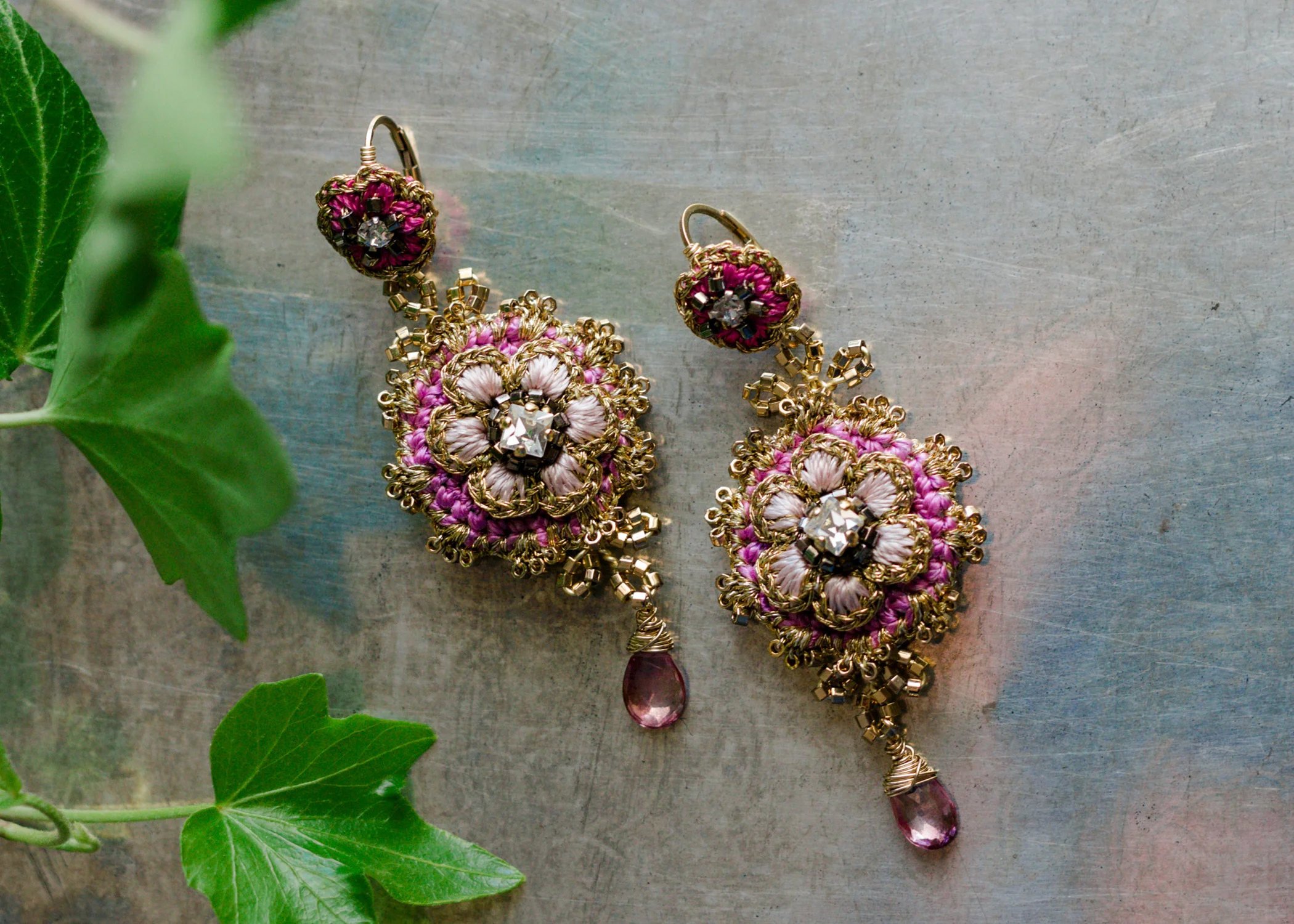 Floral Statement Drop Earrings | Gold, Fuchsia, Pink Topaz