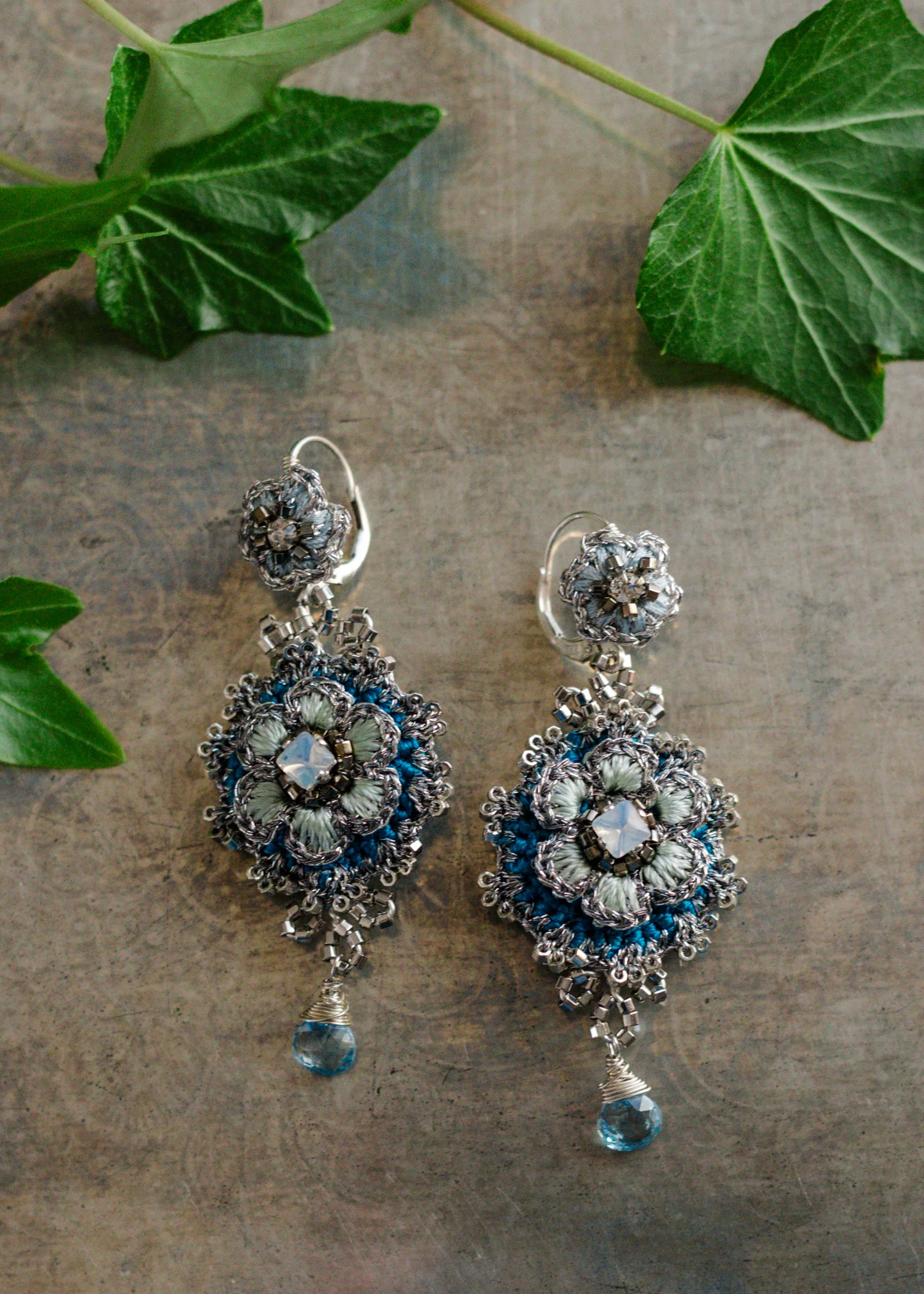 Large, Floral Drop Earrings | Blue, Silver, Topaz