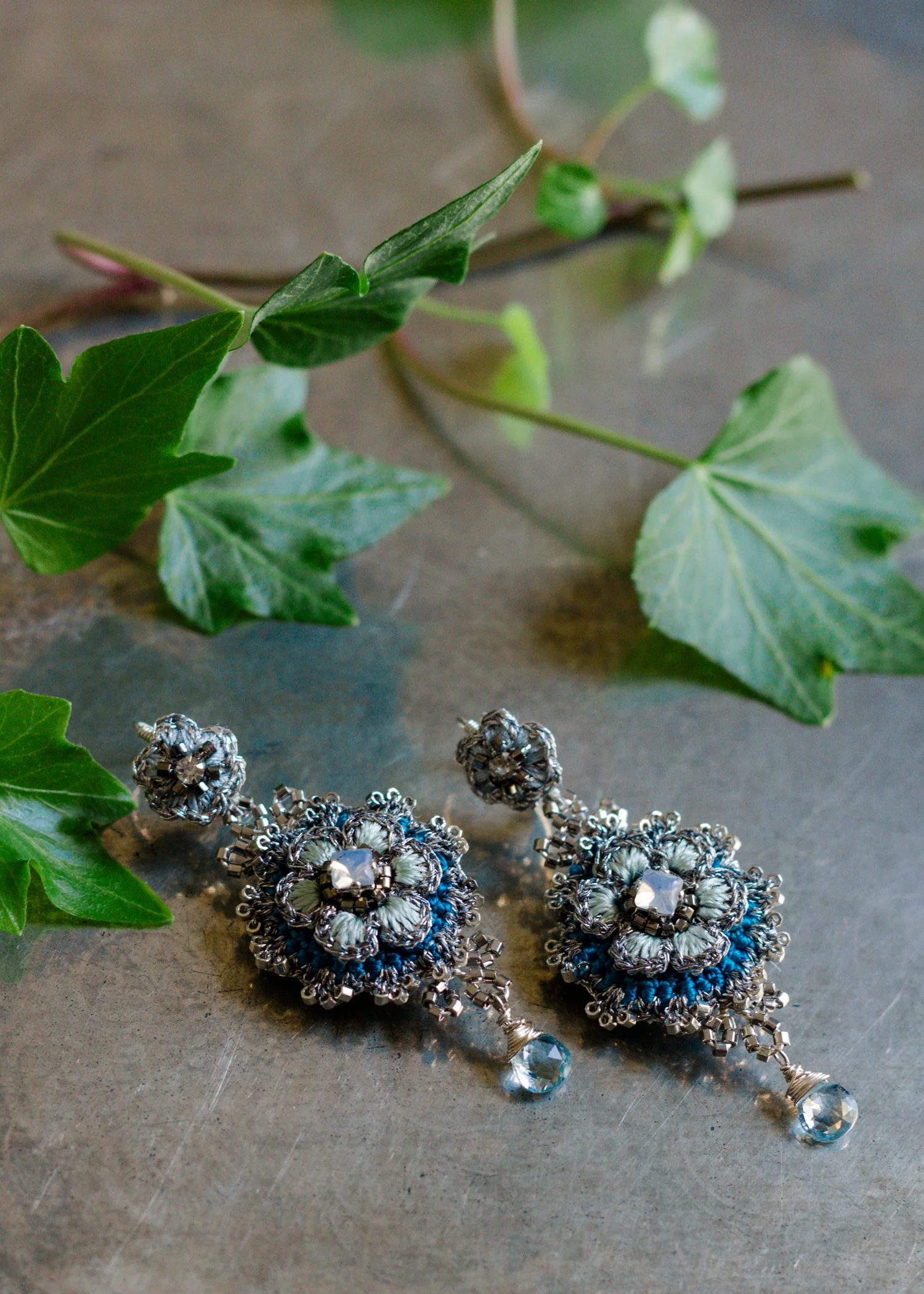 Large, Floral Drop Earrings | Blue, Silver, Topaz