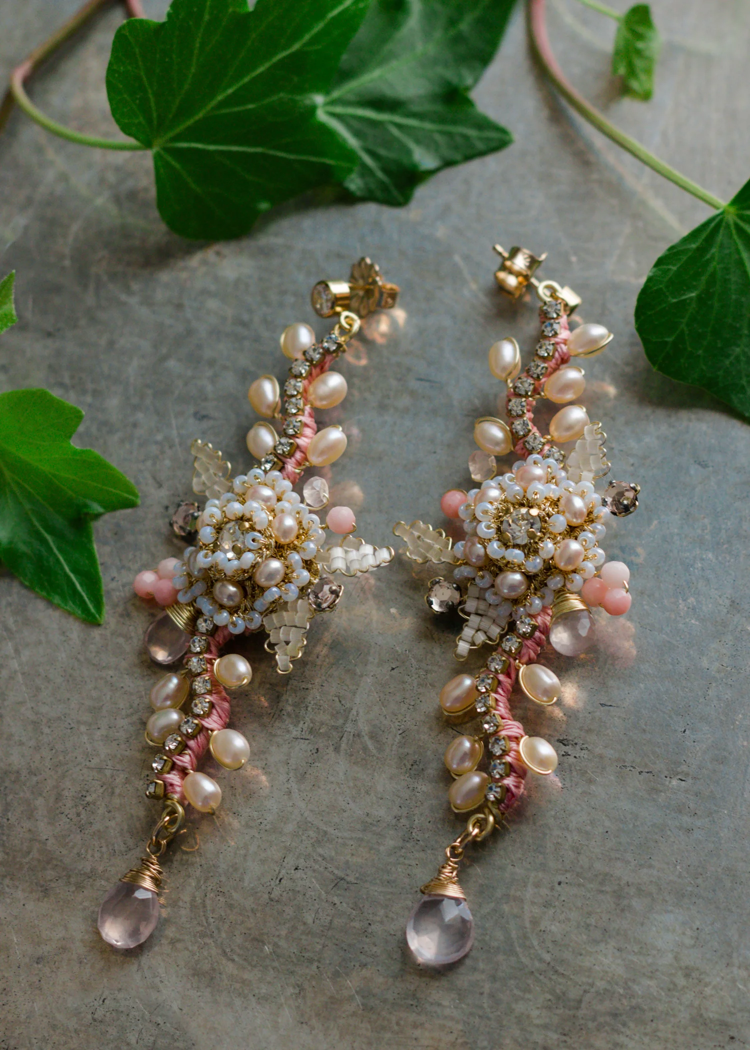 Long Tassel Earrings | Gold, Pink, Semi-Precious Stone