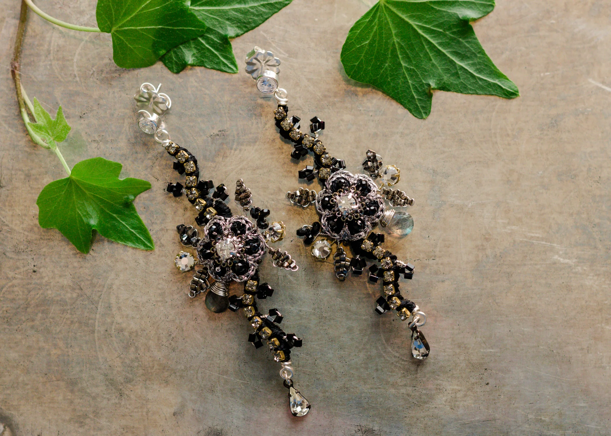 Long Tassel Earrings | Black, Gold, Semi-precious Stone