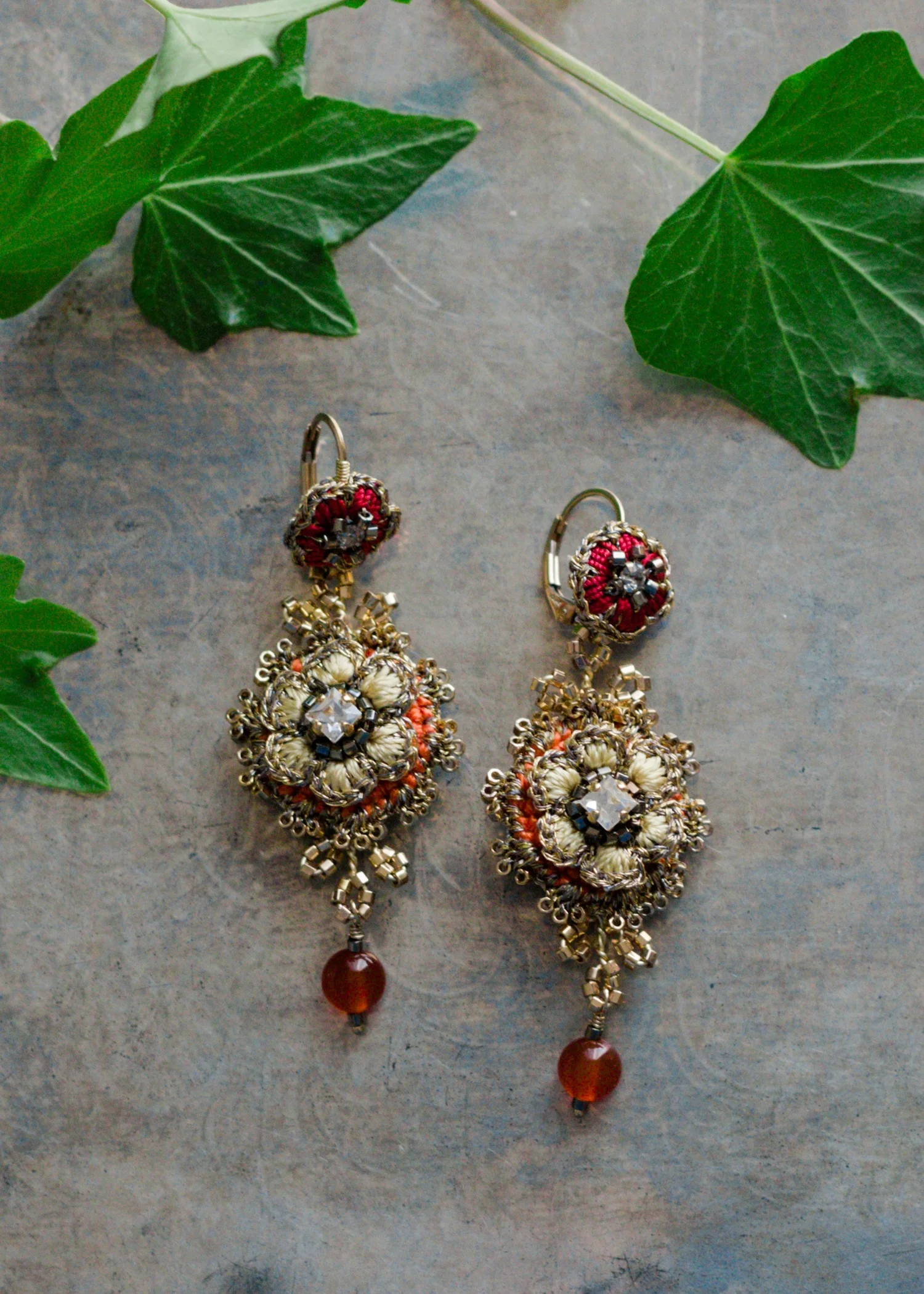 Large Flower Drop Earrings | Mustard, Red, Carnelian