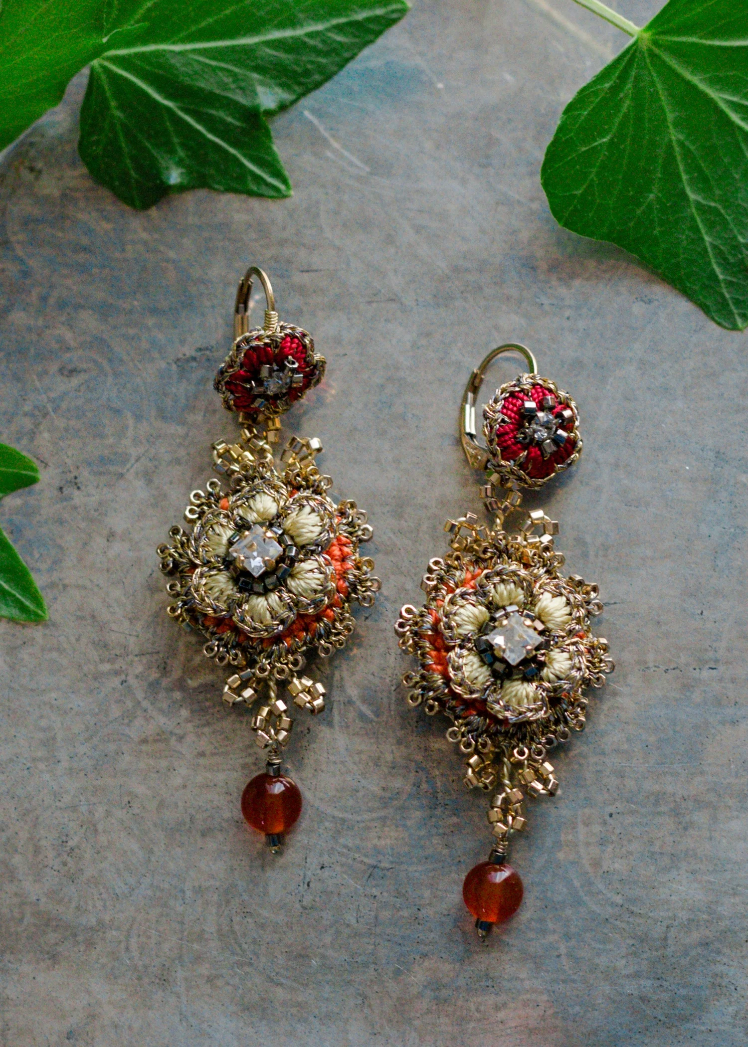 Large Flower Drop Earrings | Mustard, Red, Carnelian