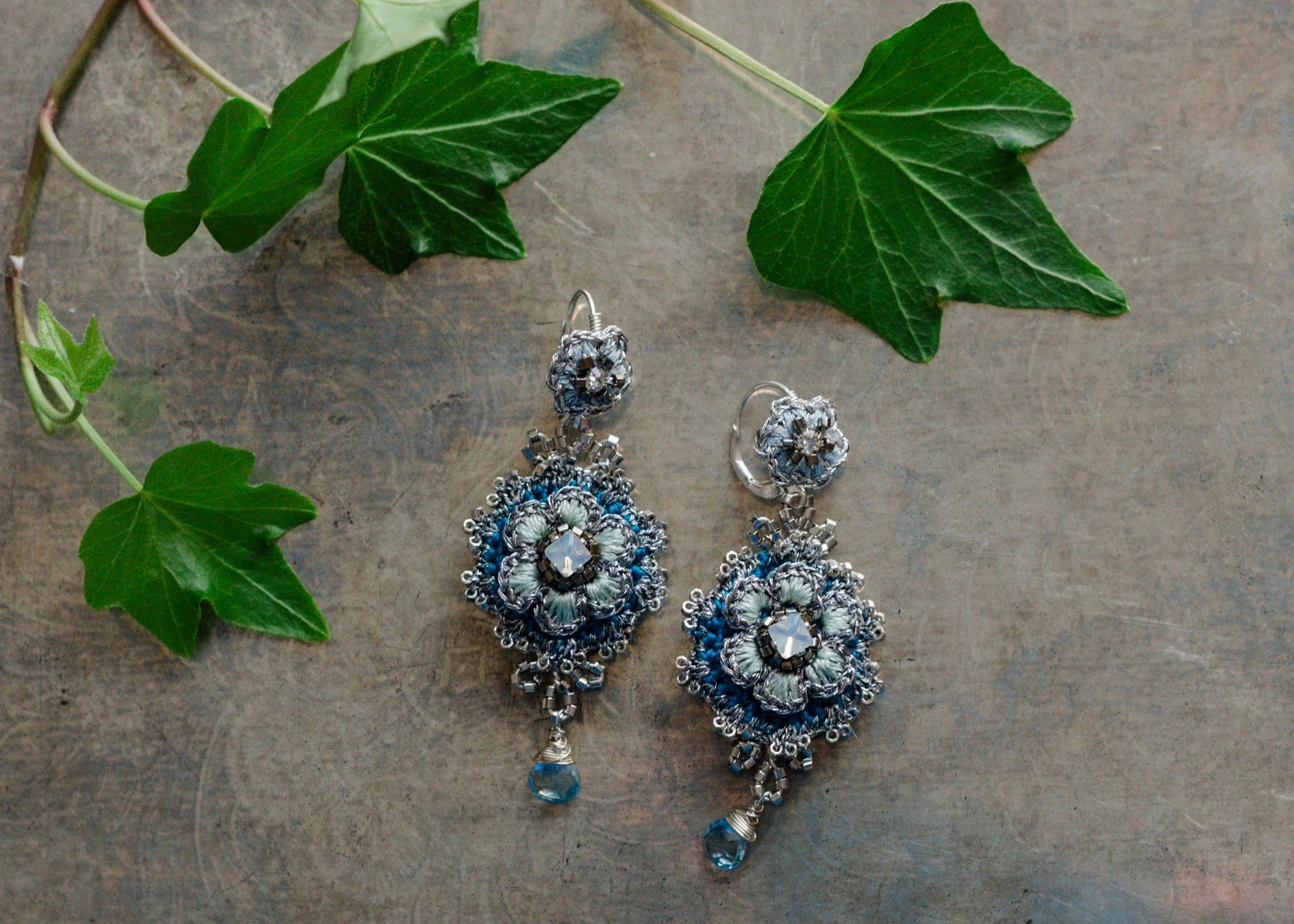 Large, Floral Drop Earrings | Blue, Silver, Topaz