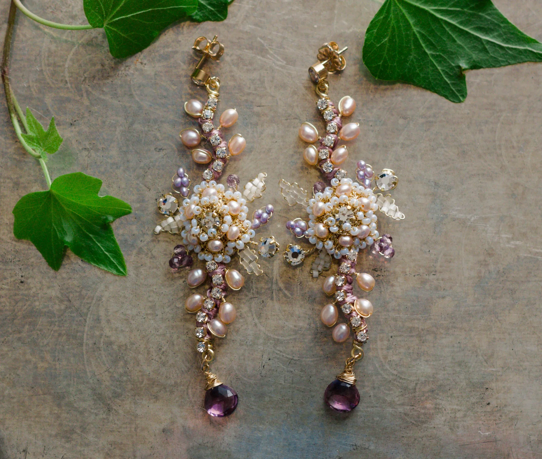 Long Tassel Earrings | Gold, Purple, Amethyst Stone