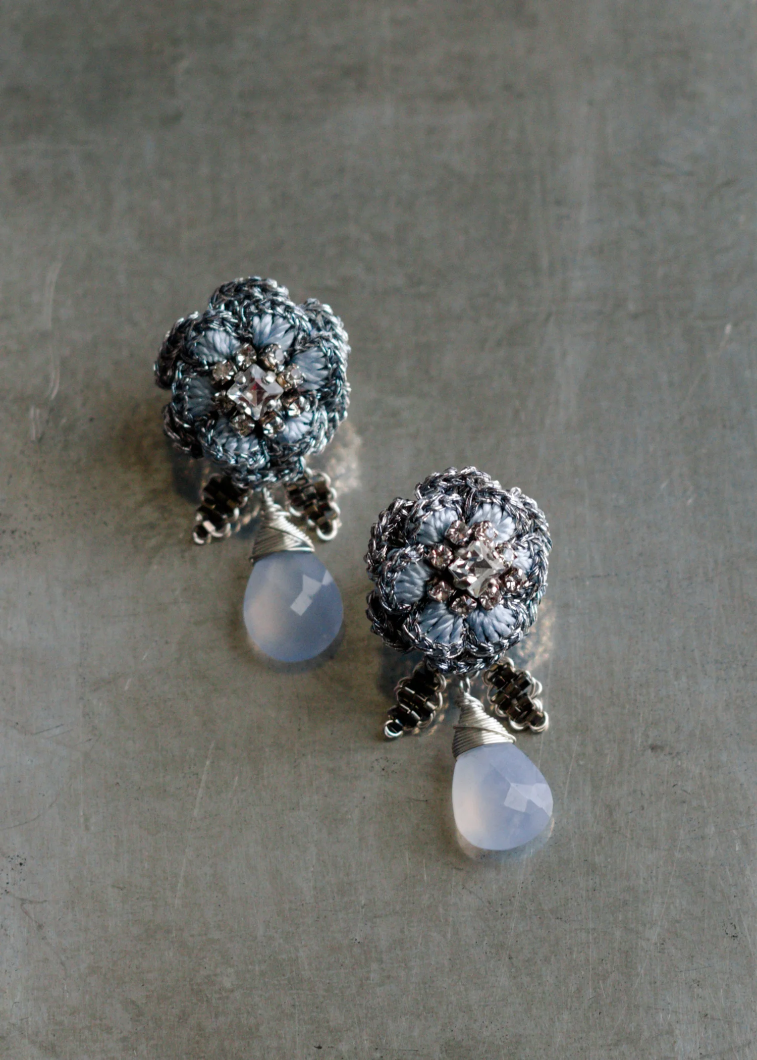Large Flower Stud with Drop | Blue, Silver, Chalcedony