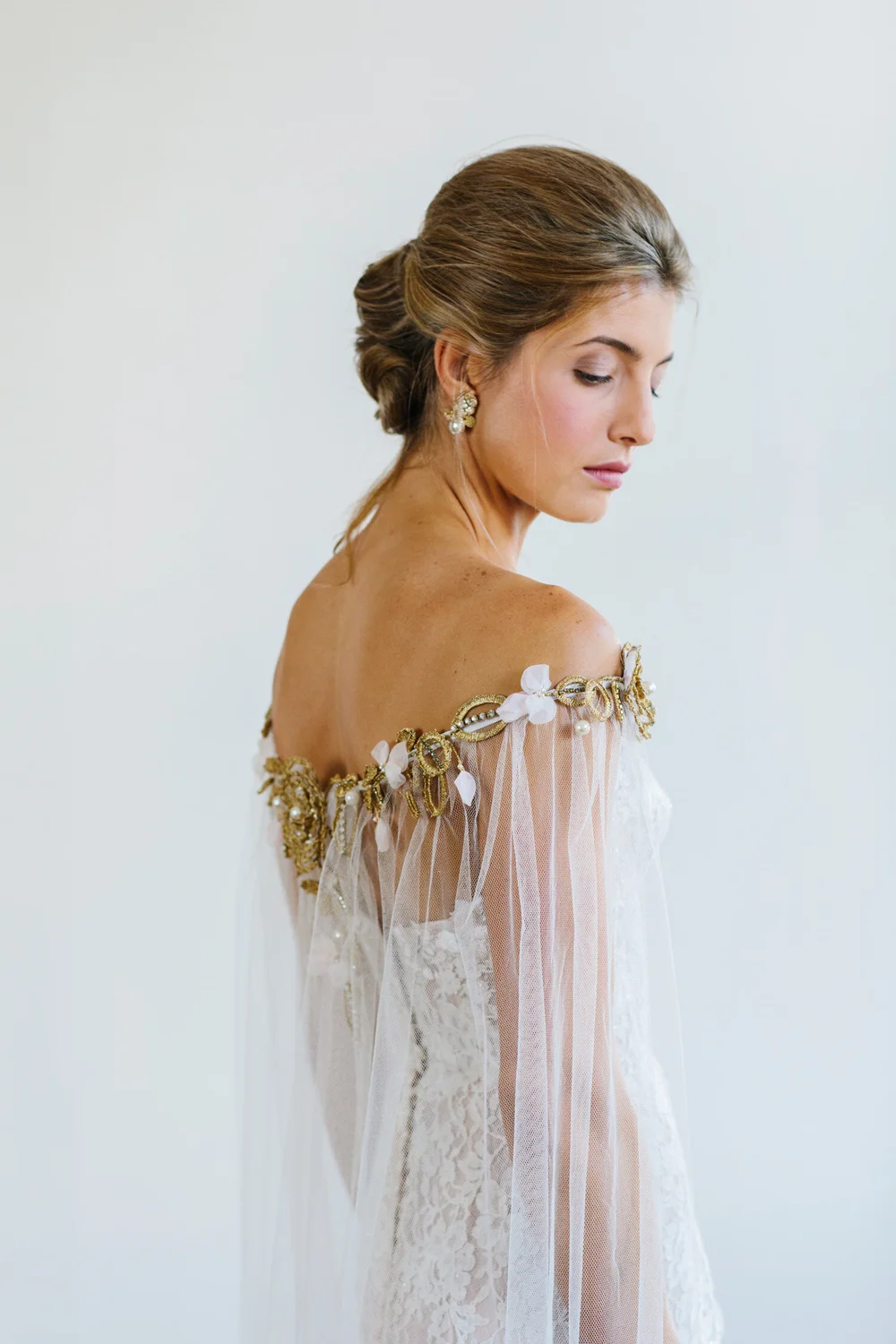 Gold Floral Lace Wedding Cape Sheer Bridal Shoulder Cape Long