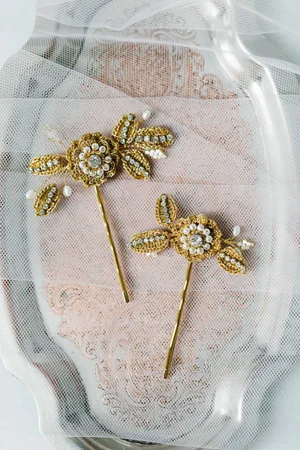 Gold Rose Flower Wedding Hair Pins | Crystal, Pearl, Lace 