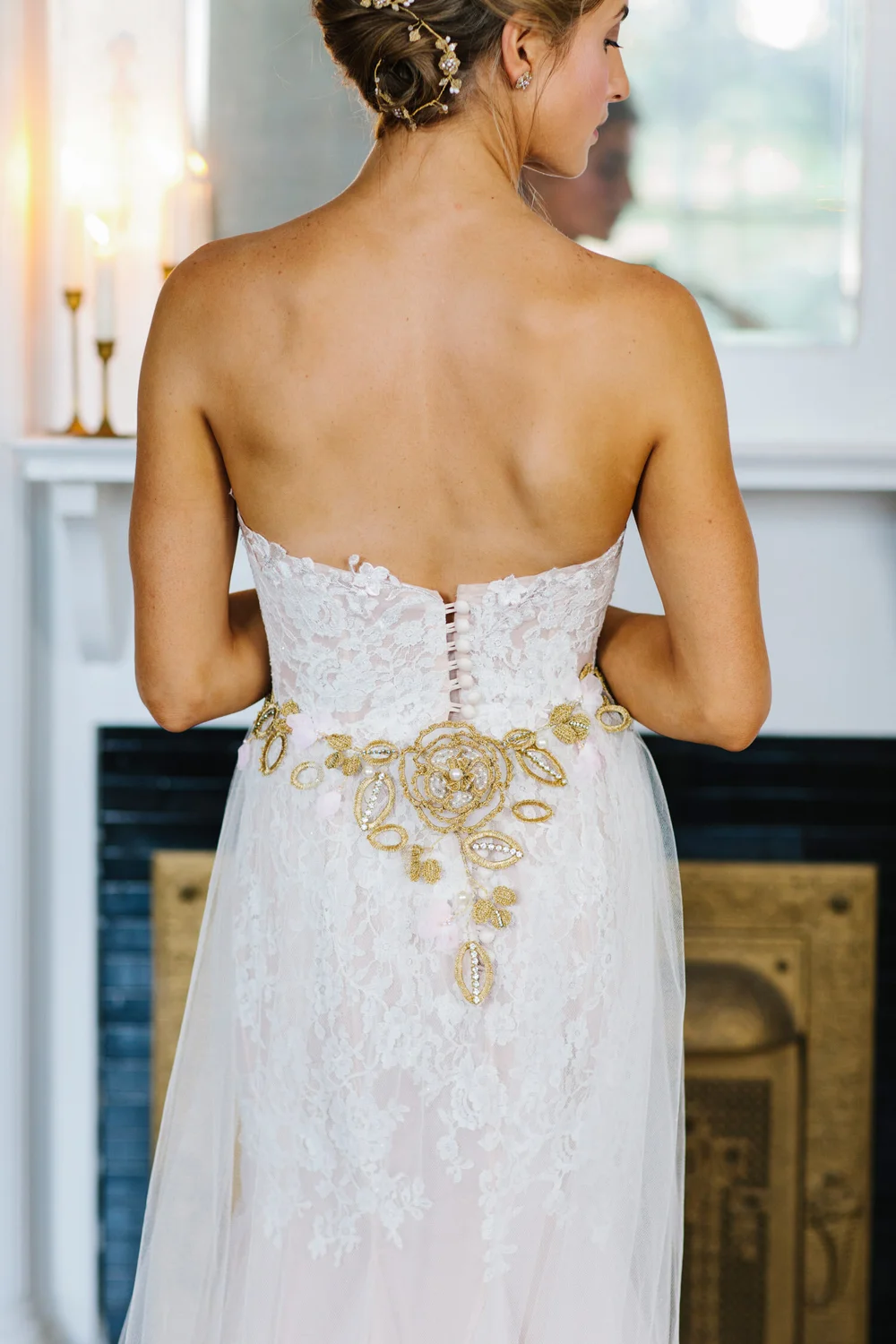 green emerald velvet dress Gold And White Wedding Dress Lace Beaded Off Shoulder – Lisposa main image 1