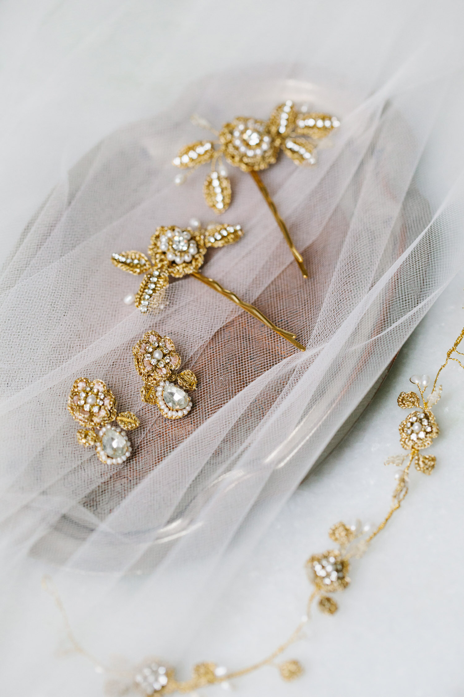   Trianon Hair Pins, D'Arcy Earrings, Reine Hair Vine  