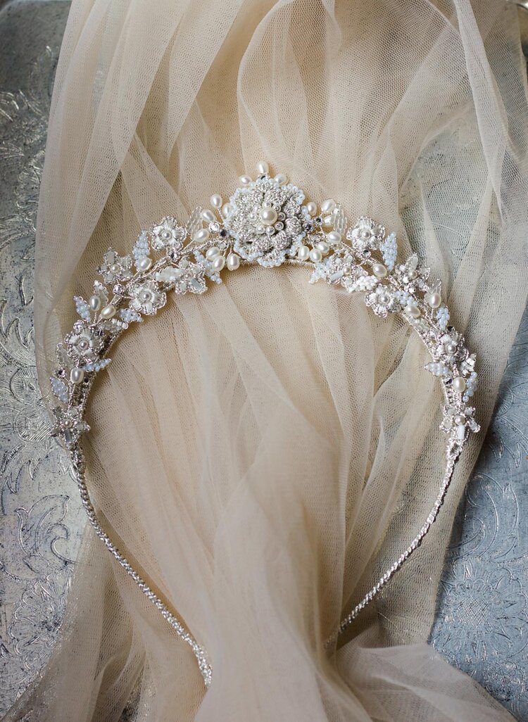 Siena Tiara, Delicate Floral Wedding Tiara with Lace & Pearls — Edera  Jewelry