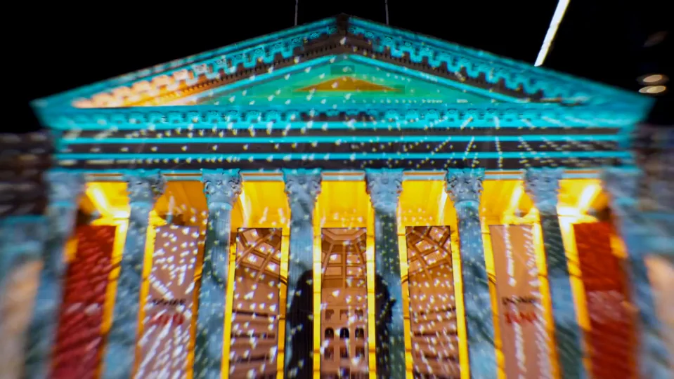  THE STATE LIBABRY OF VICTORIA ,  WHITE NIGHT  2013. A SEREIS OF IMAGES ABOUT REDMOND BARRY WERE DESIGNED BY AMANDA MORGAN&nbsp;FOR THE PROJECTED SERIES  NO EXPECTATIONS  BY&nbsp; NICK AZIDIS ,&nbsp;PROJECTIONTEKNIK. 