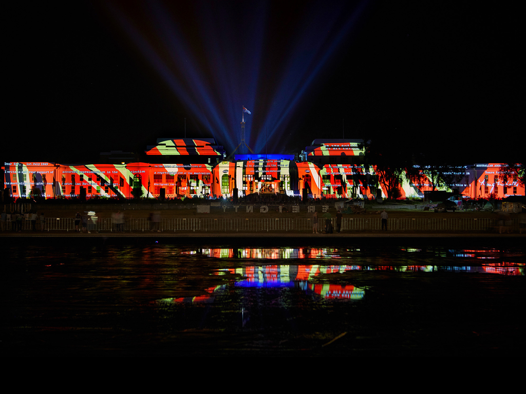1949 , light-work, still large format slide, façade projection mapping, Old Parliament House, MOAD, Canberra, 2016. Photo Mark Kelly