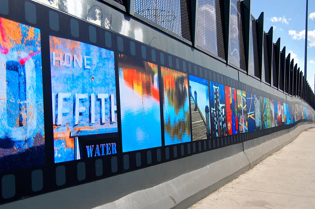 Saltwater Cit y, 2014-16, 120M site photograph on Hopkins Street Bridge Footscray, Commissioned by Maribyrnong City Council and Vic Roads. Photo James Morgan