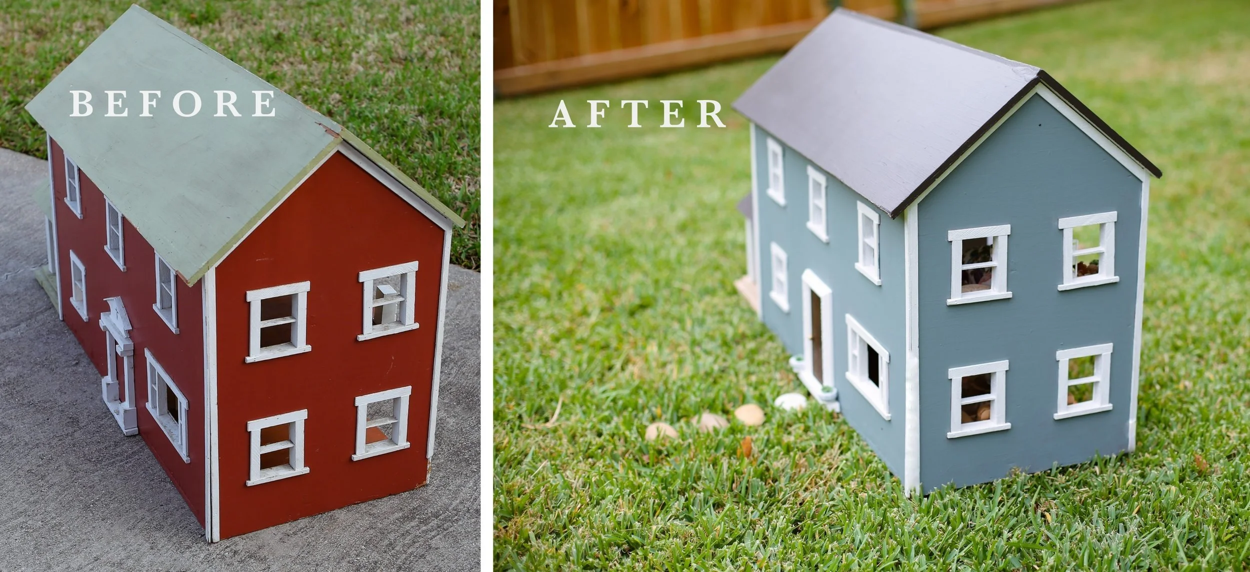 Exterior updates with new colors, updated front door, and stone pathway.