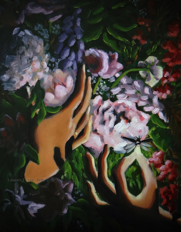 "Gather In the Midnight Meadows" 2015 Acrylic and oil on canvas board.