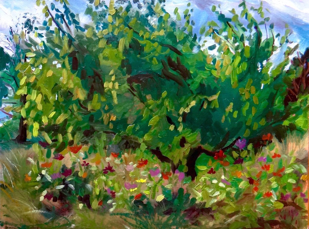 "Sitting in the Zinnia Patch" 2015. Oil on canvas board. SOLD