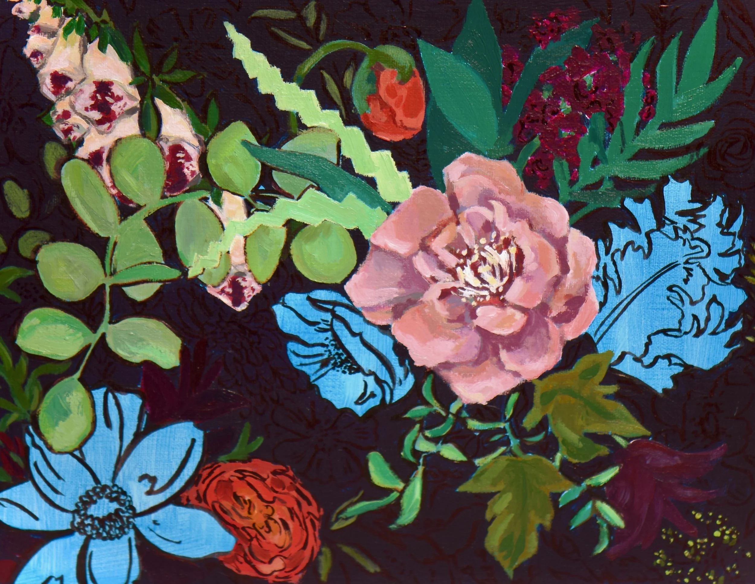 "Nocturnal Animals" acrylic, oil & brush pen on linen canvas panel, 2018.