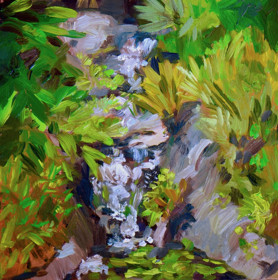 San Diego waterfall plein air, oil on wood canvas, 2018. 