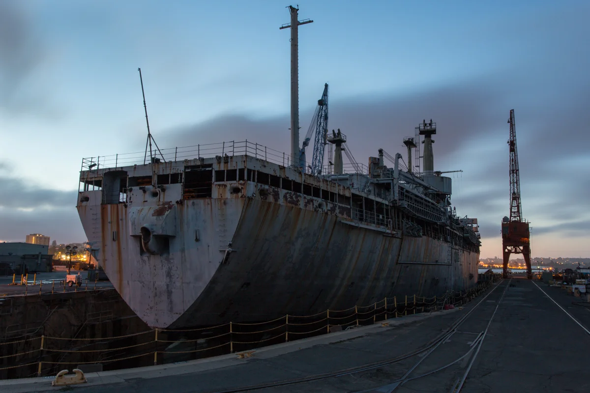Docked at Mare Island Ship Yard, taken during twilight