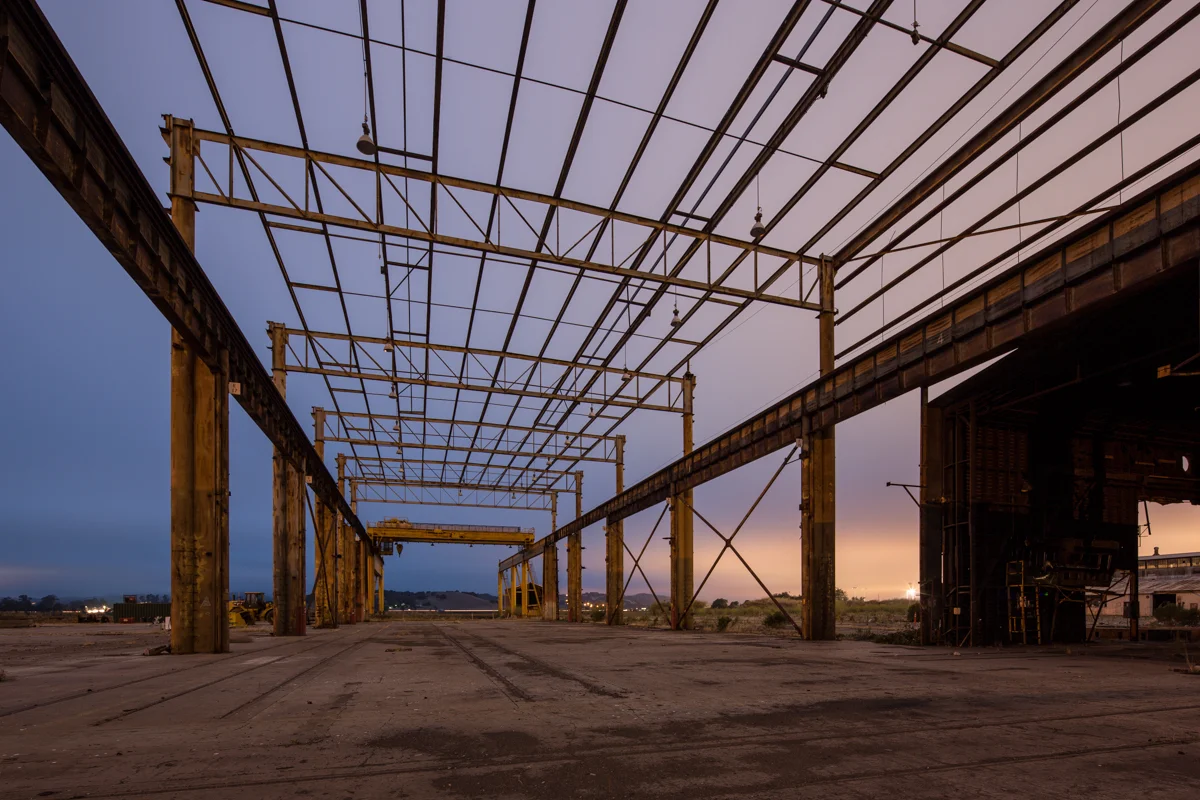 Former California based pipe factory during blue hour
