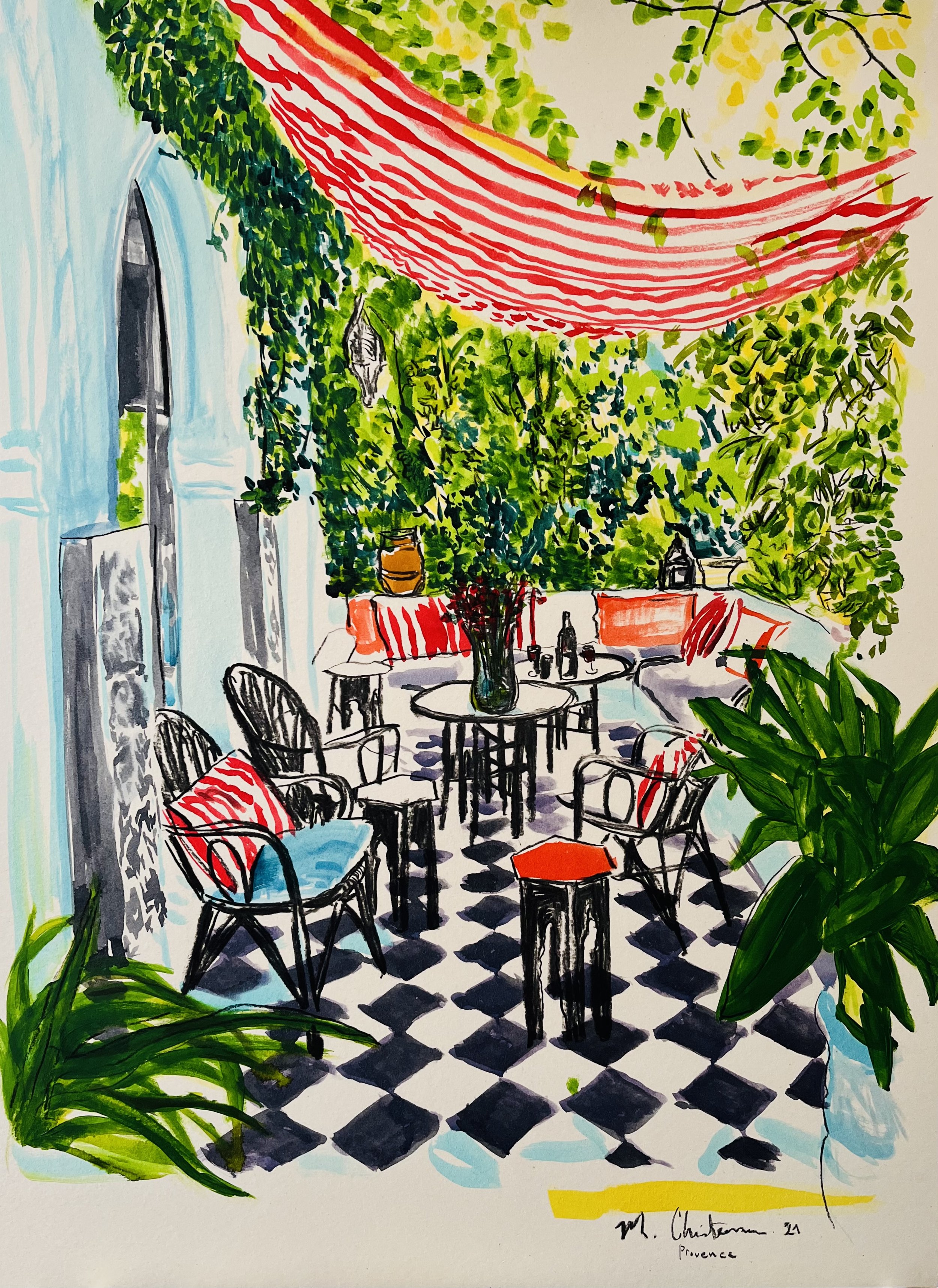 La terrace, a colorful portrait of a beautiful moment in Provence where everyone goes out to have a glass of wine and enjoy l’apéritif. Made with ink, acrylic paint, and charcoal.