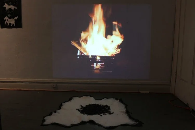 I'm Living In A Burning House , video installation with acrylic painted cow hide and ash