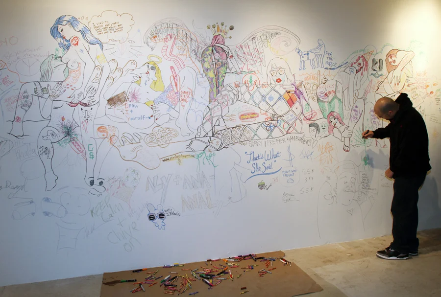 Color Me Porno: It's My Fucking Art Show Edition | 20ft x 8ft | Interactive Installation | marker, crayon, bodily fluids
