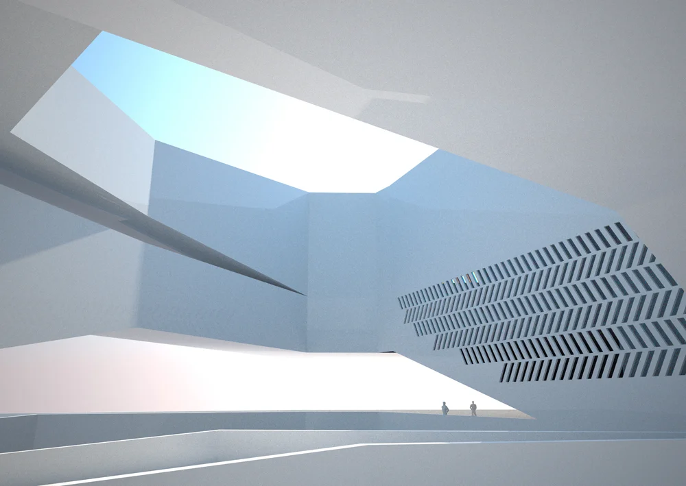 Perspective view of central courtyard from roof terrace