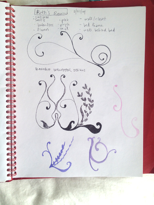 2/22/14 brainstorming for some kid-room mural-painting for my coworker's 6-year-old