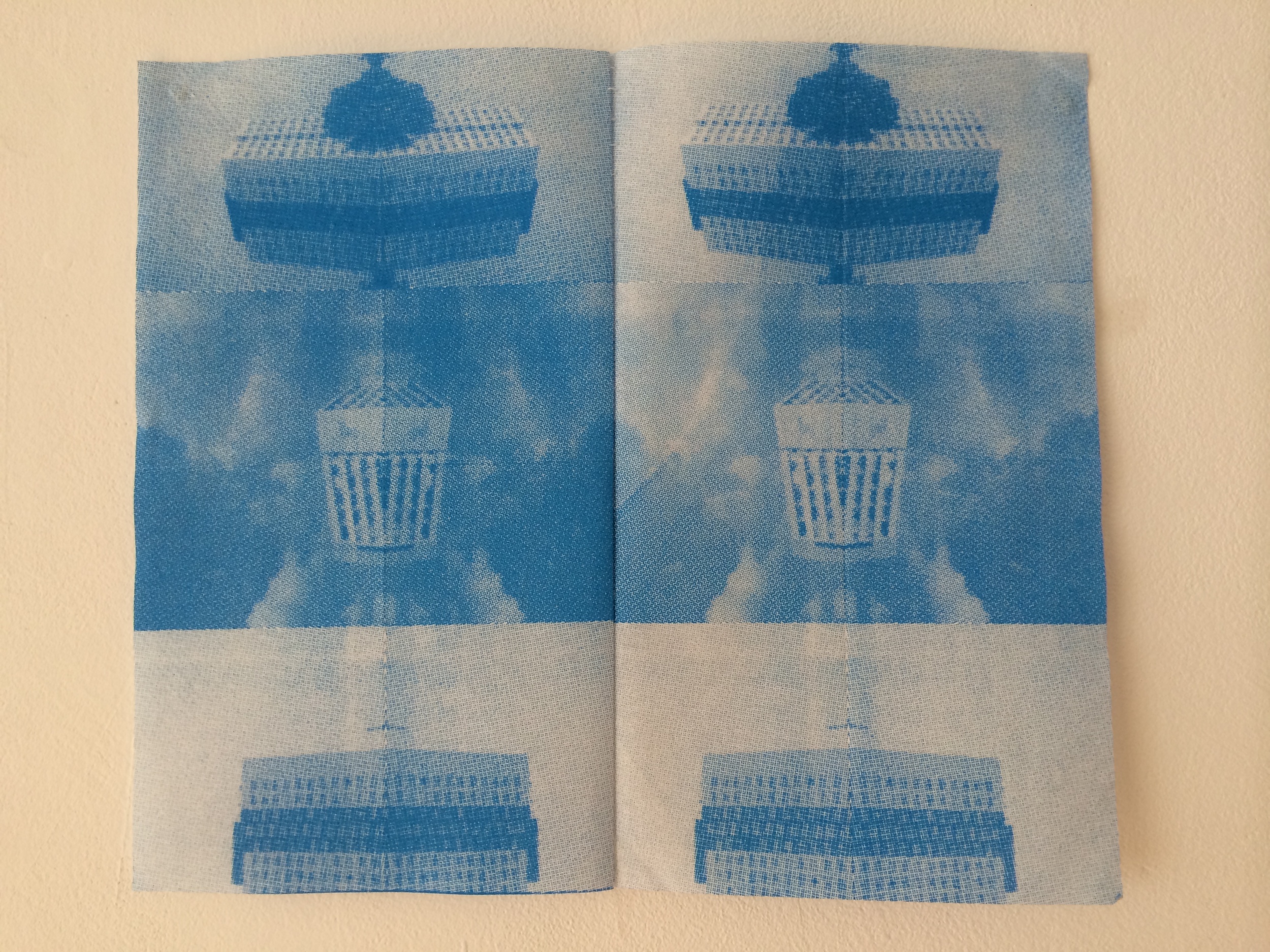 8/25 Screen prints on paper napkins, sewn together. 