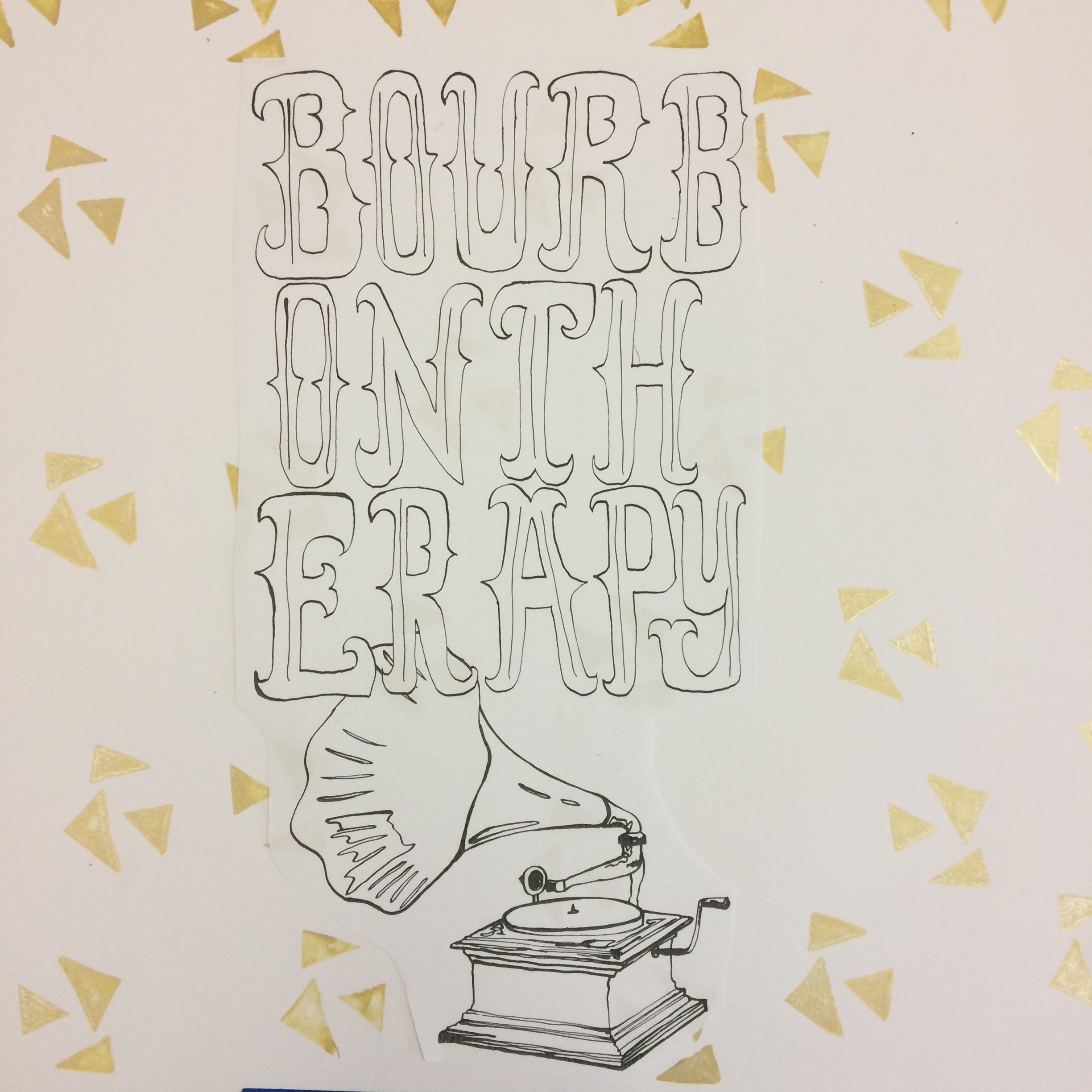 1.30.15 Screen print t-shirt design for band Bourbon Therapy and some gold triangle stamps.