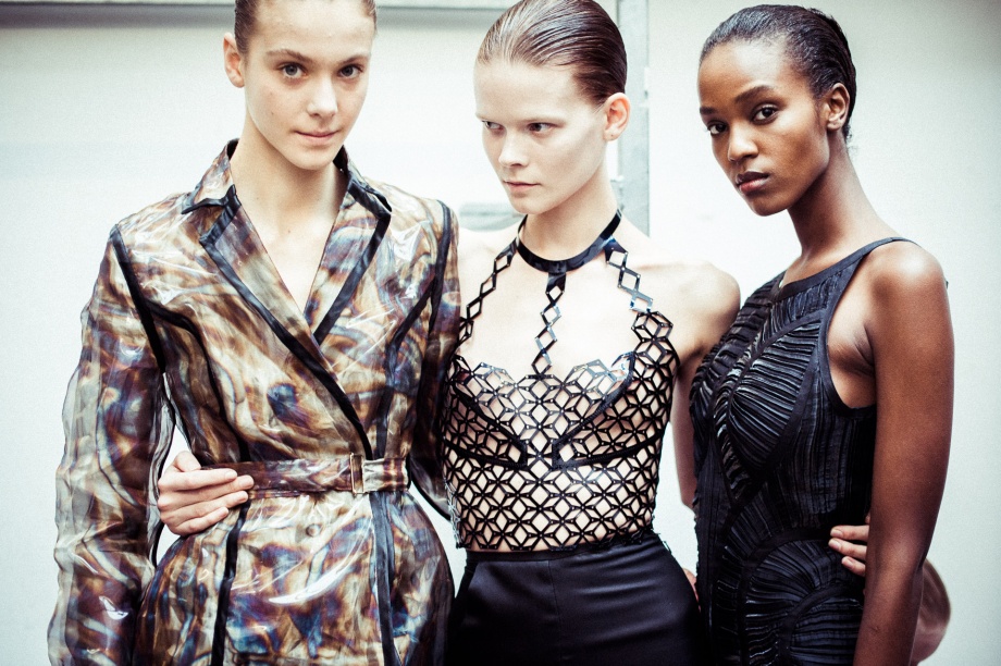 Pieces by Iris Van Herpen , who uses 3-D printing and special weaving techniques to get these insane effects, seriously go to her website, I'm BEGGING you.