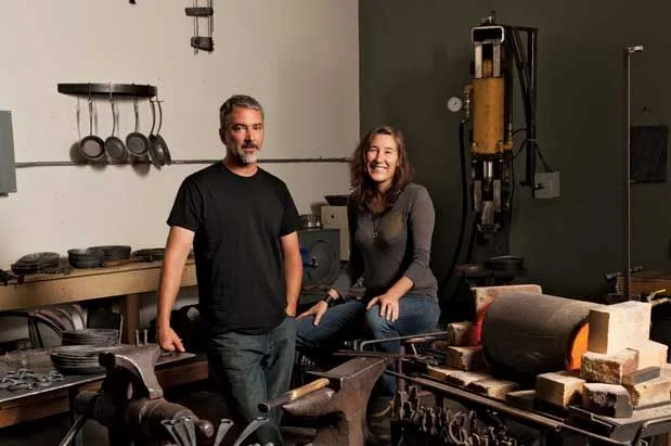 Pictured: Modern day blacksmiths: Blu Skillet Ironware’s Patrick Maher and Caryn Badgett, at their Ballard Metal Arts studio PHOTO CREDIT: Hayley Young
