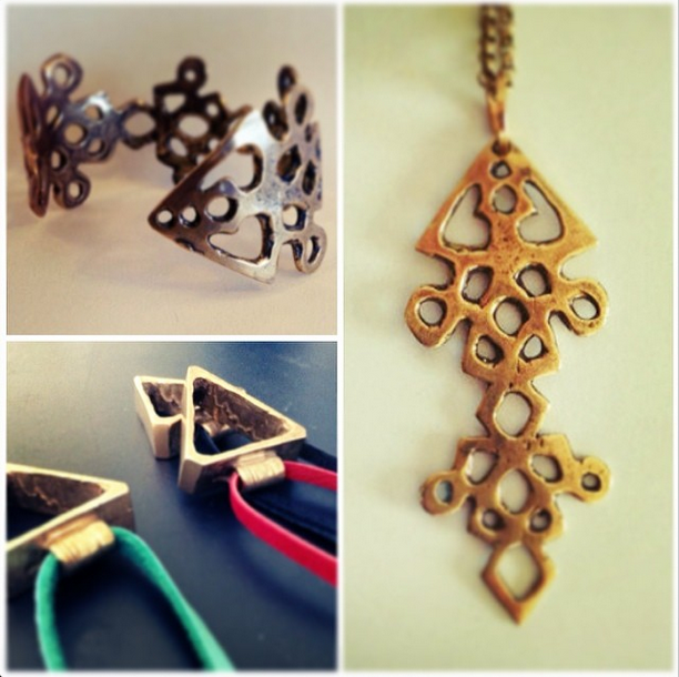 Pothos Jewelry Ethiopian Necklace and Cuff, Amanda Espy's interpretation of an Ethiopian cross. And, the Trinity Necklaces. ( Photo courtesy Pothos Jewelry. )