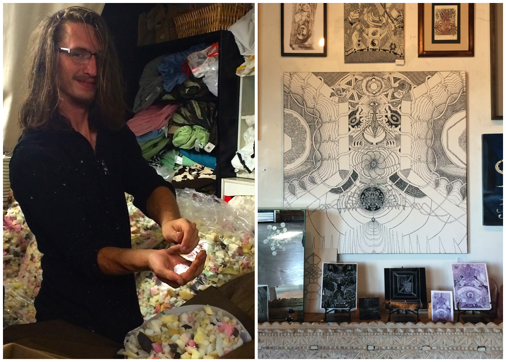Brennan shows a handful of recycled foam and micro "beans" as he's unstuffing a bag that's headed to the seamstress for repairs. He also has his artwork pictured above displayed in the Love Shack gallery. 