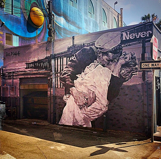 Instagram post by muralist Jonas Never : "Getting a start on the #4thofjuly with the new finished #mural at the #venicewhaler ... Had a great time seeing all the familiar faces from when I used to work there #venicebeach #cultclassic #lordofdogtown."