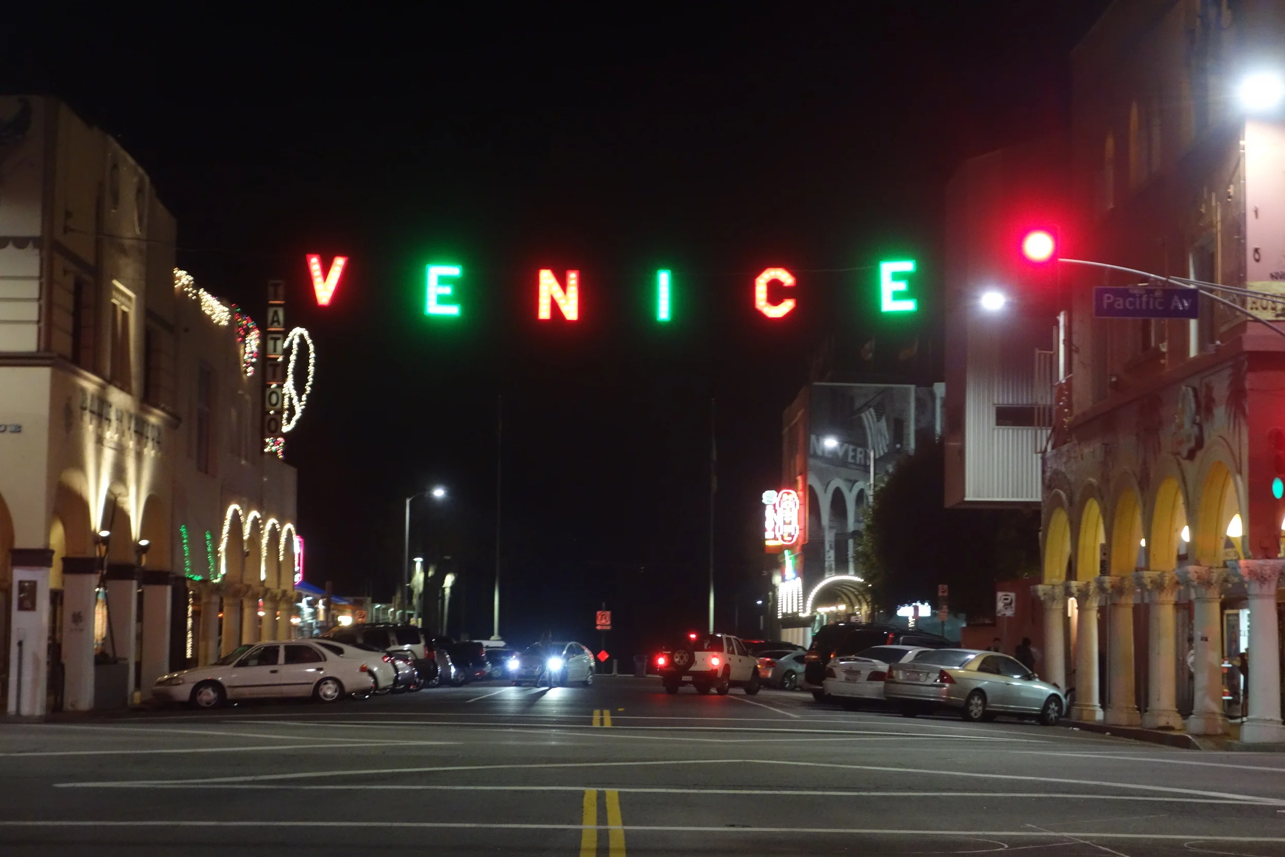 Venice sign lit up in red and green last December. ( Photo by Nicole Urso Reed )