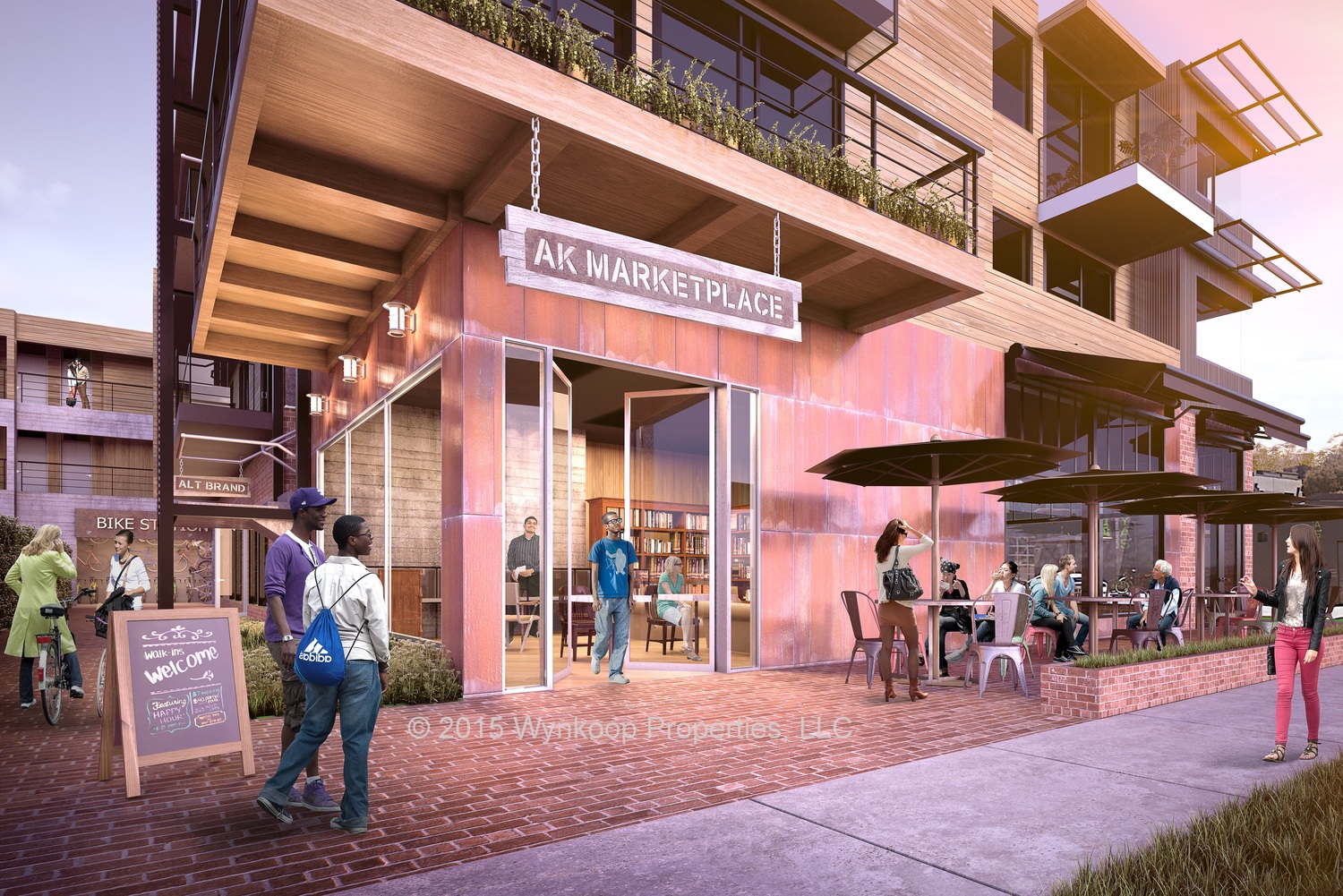 The Westminster building at the southern corner of Abbot Kinney and Westminster Ave. The ground floor would be a mix of retail, a general store or marketplace with a small cafe and office space. Hotel rooms occupy the second and third floors.