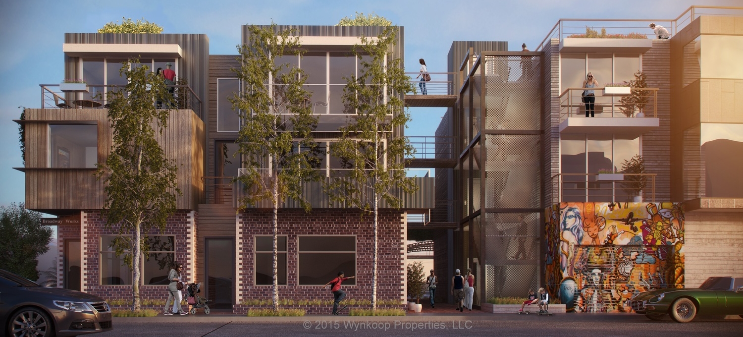 From Broadway Ave., the view of The Electric and The Broadway buildings. The ground floor of The Electric would house creative offices and the hotel library, and The Broadway would have the hotel business center. The second and third floors are the hotel.