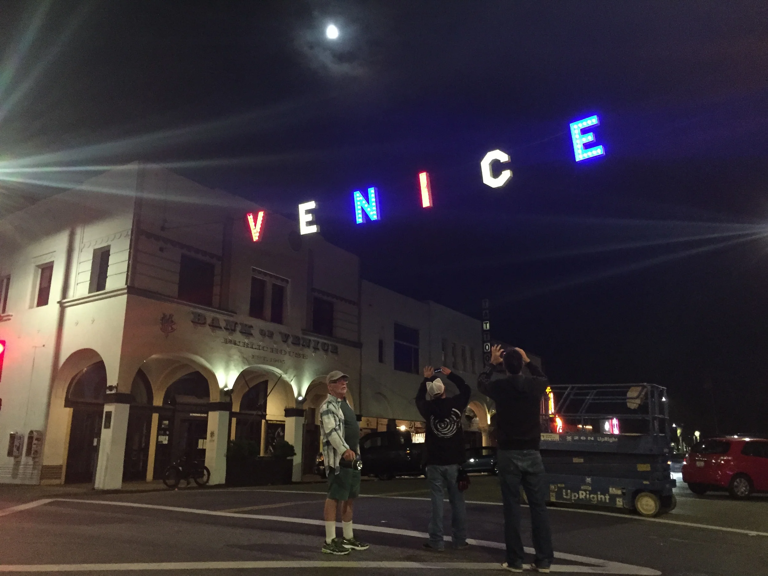 Venice Sign Lit Up In Red, White And Blue For the Fourth Of July