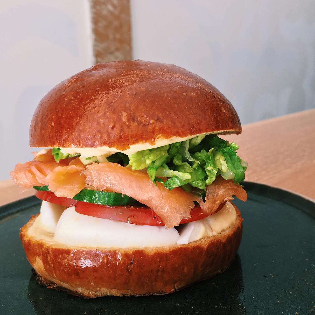 Smoked salmon club sandwich. 
