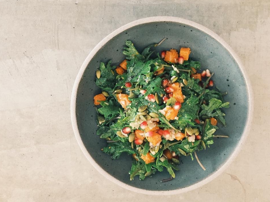 Fairytale pumpkin, red Russian kale and pomegranate. ( Photo by Chez Tex )
