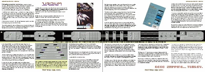 A two-page spread. The Uridium level map bisects the page, with box shots and other graphics breaking up the text.